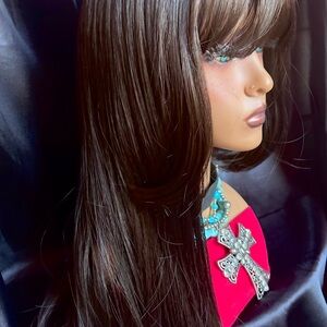 Premium Soft Dark Brown Long Straight with Bangs Wig